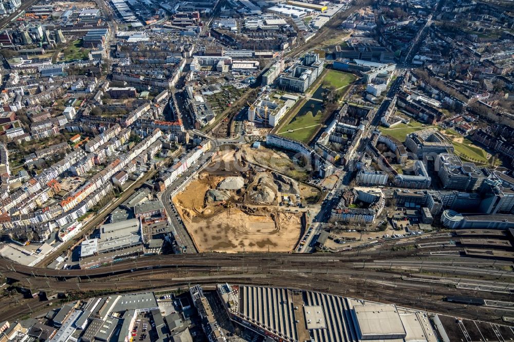 Aerial image Düsseldorf - Construction site to build a new multi-family residential complex Grand Central in the district Oberbilk in Duesseldorf in the state North Rhine-Westphalia, Germany