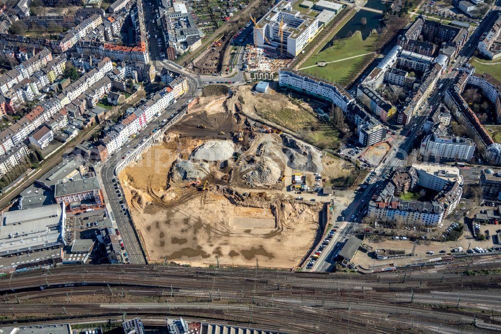 Aerial photograph Düsseldorf - Construction site to build a new multi-family residential complex Grand Central in the district Oberbilk in Duesseldorf in the state North Rhine-Westphalia, Germany