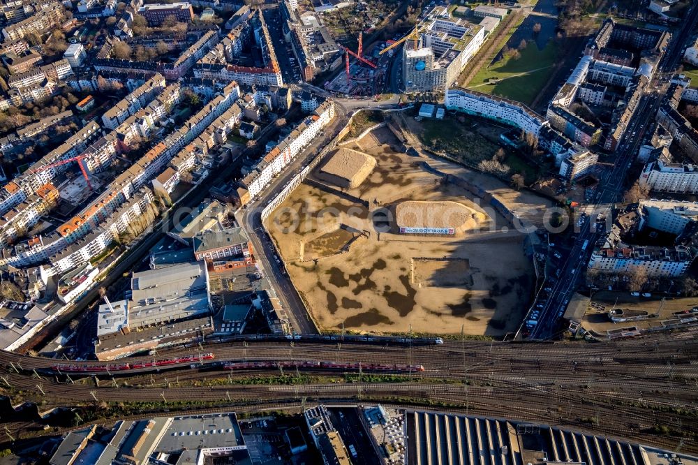 Aerial image Düsseldorf - Construction site to build a new multi-family residential complex Grand Central in the district Oberbilk in Duesseldorf in the state North Rhine-Westphalia, Germany