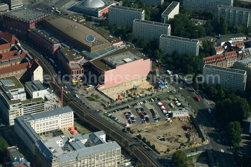 Berlin from above - Construction site to build a new multi-family residential complex Grandaire on Voltairestrasse corner Alexanderstrasse - Dircksenstrasse in the district Mitte in Berlin, Germany