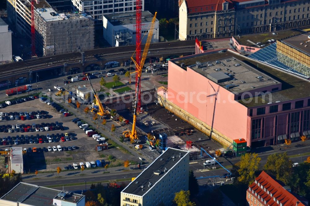 Berlin from above - Construction site to build a new multi-family residential complex Grandaire on Voltairestrasse corner Alexanderstrasse - Dircksenstrasse in the district Mitte in Berlin, Germany