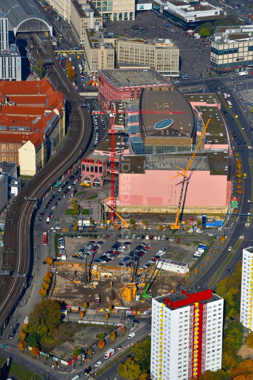 Berlin from above - Construction site to build a new multi-family residential complex Grandaire on Voltairestrasse corner Alexanderstrasse - Dircksenstrasse in the district Mitte in Berlin, Germany