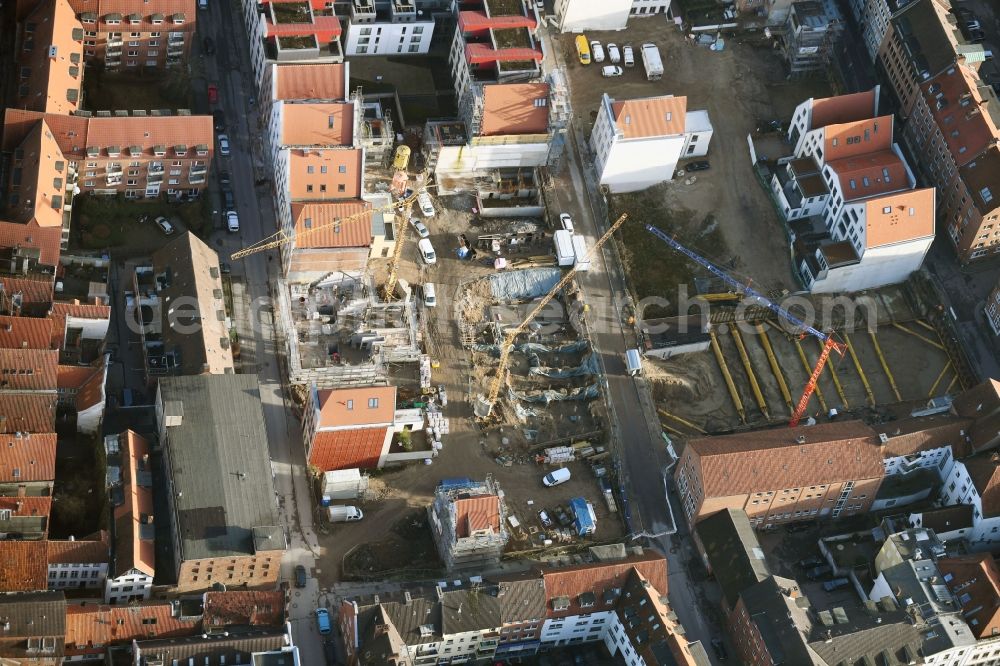 Aerial image Lübeck - Construction site to build a new multi-family residential complex Gruendungsviertel der Grundstuecksgesellschaft TRAVE mbH in Luebeck in the state Schleswig-Holstein