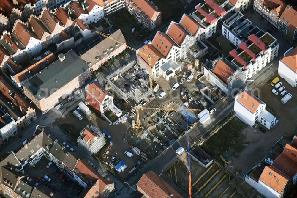 Aerial image Lübeck - Construction site to build a new multi-family residential complex Gruendungsviertel der Grundstuecksgesellschaft TRAVE mbH in Luebeck in the state Schleswig-Holstein