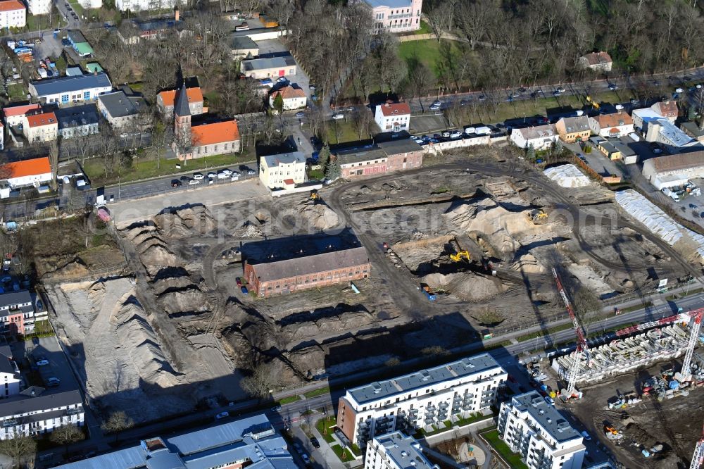 Berlin from above - Construction site to build a new multi-family residential complex of Gut Alt-Biesdorf on Weissenhoeher Strasse in Berlin, Germany