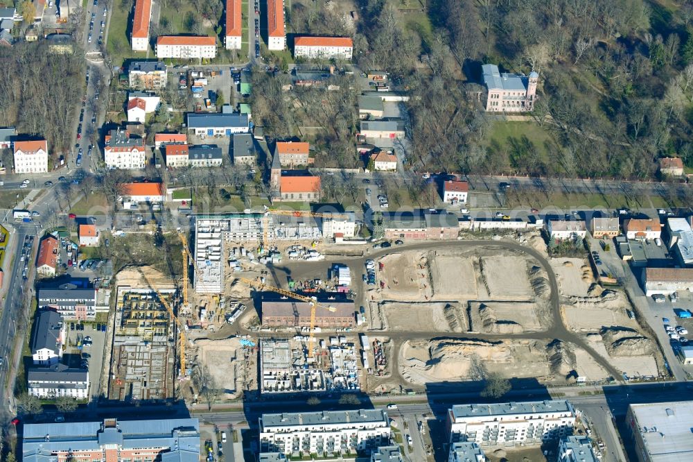 Berlin from the bird's eye view: Construction site to build a new multi-family residential complex of Gut Alt-Biesdorf on Weissenhoeher Strasse in Berlin, Germany