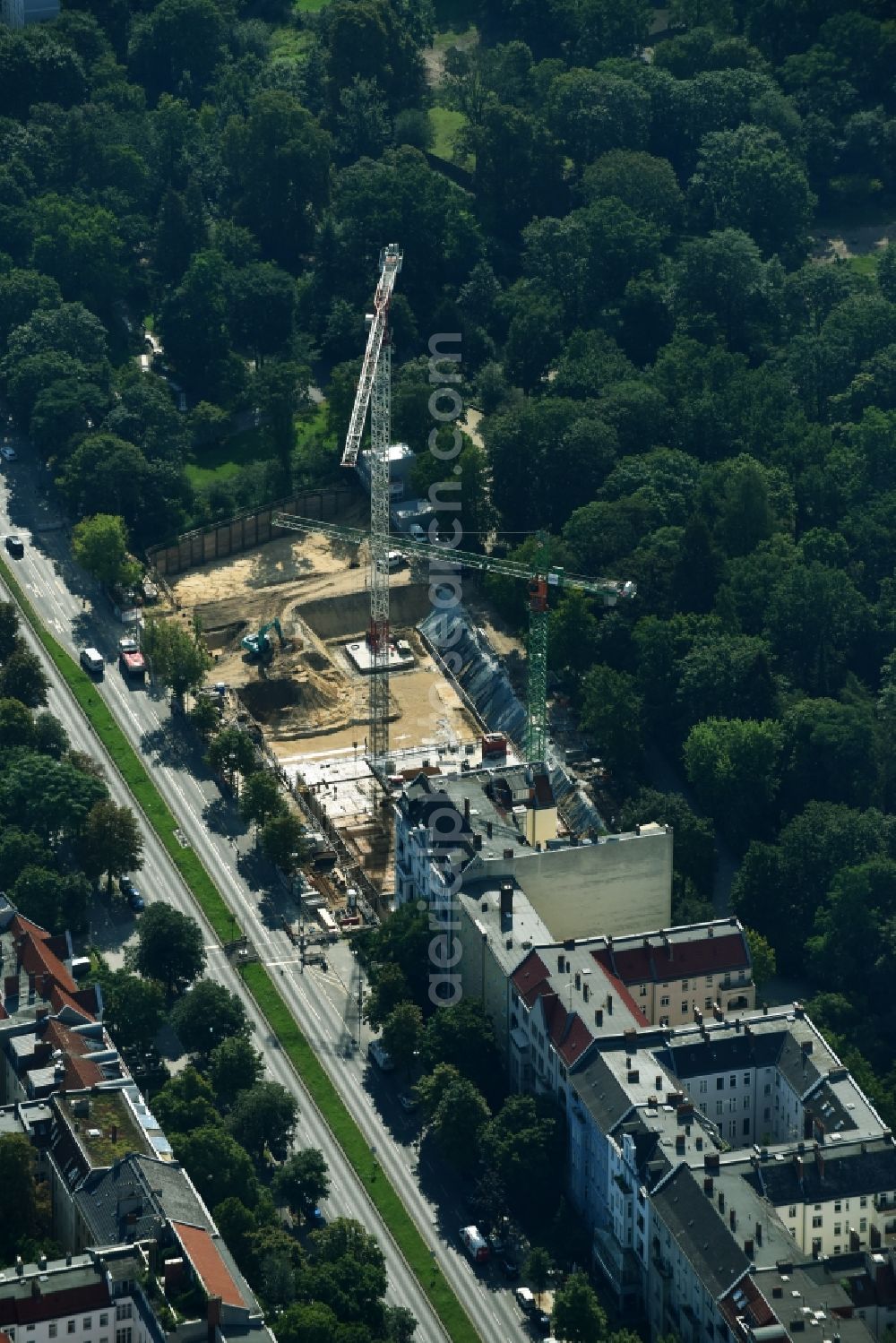 Aerial image Berlin - Construction site to build a new multi-family residential complex on Hasenheide in the district Neukoelln in Berlin, Germany