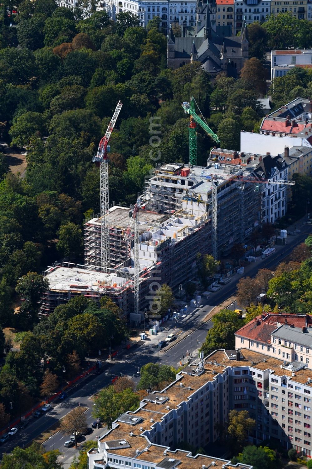 Aerial image Berlin - Construction site to build a new multi-family residential complex on Hasenheide in the district Neukoelln in Berlin, Germany