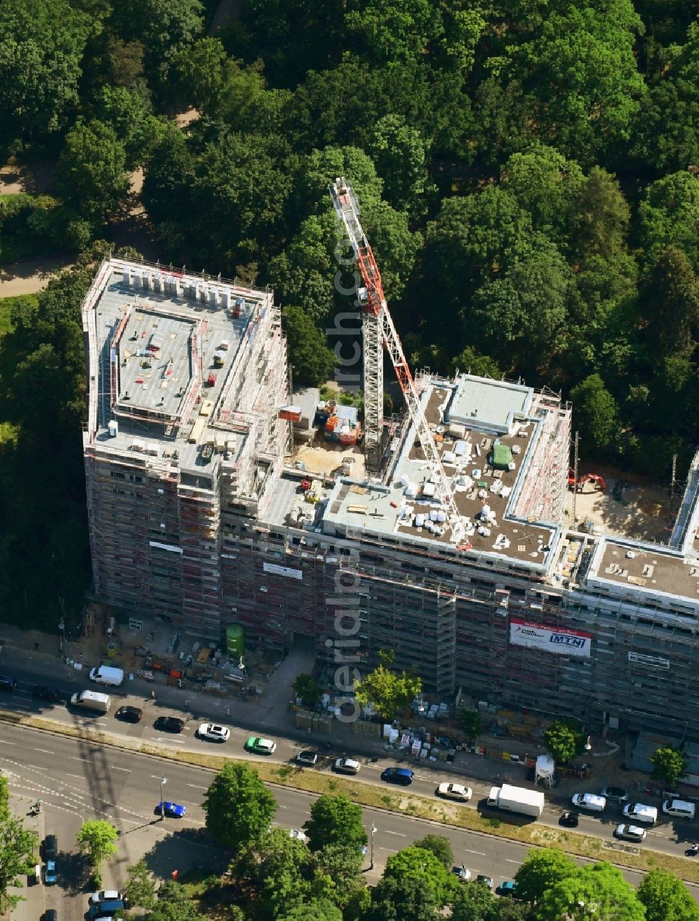 Berlin from above - Construction site to build a new multi-family residential complex on Hasenheide in the district Neukoelln in Berlin, Germany