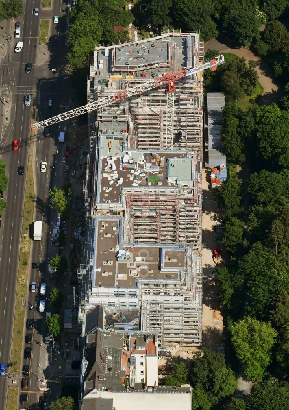 Aerial image Berlin - Construction site to build a new multi-family residential complex on Hasenheide in the district Neukoelln in Berlin, Germany