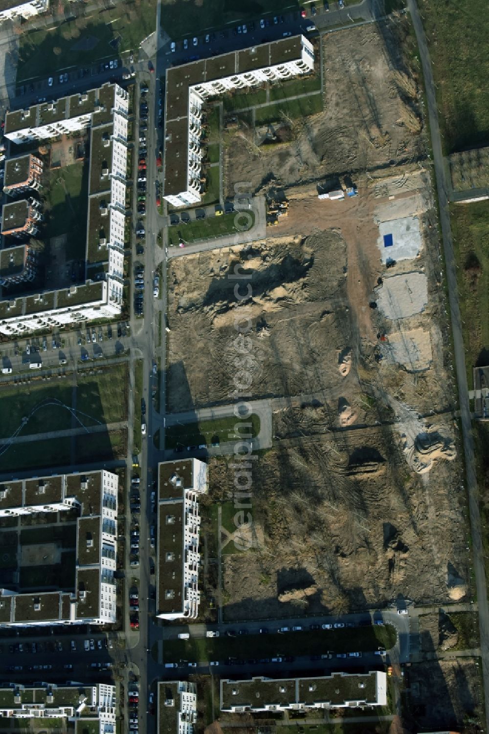 Berlin from the bird's eye view: Construction site to build a new multi-family residential complex Hasenholzer Allee on Wiesenpark destrict Marzahn in Berlin in Germany