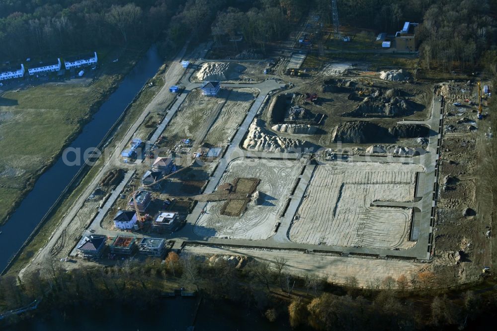 Berlin from the bird's eye view: Construction site to build a new multi-family residential complex Havelmarina Berlin in the district Hakenfelde in Berlin, Germany