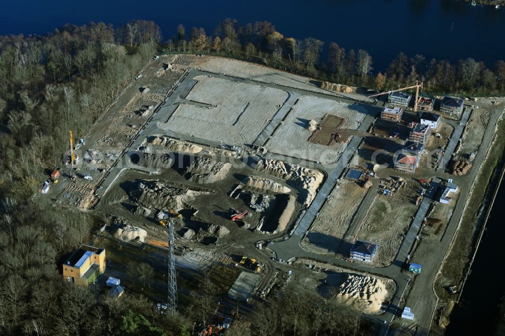 Berlin from the bird's eye view: Construction site to build a new multi-family residential complex Havelmarina Berlin in the district Hakenfelde in Berlin, Germany