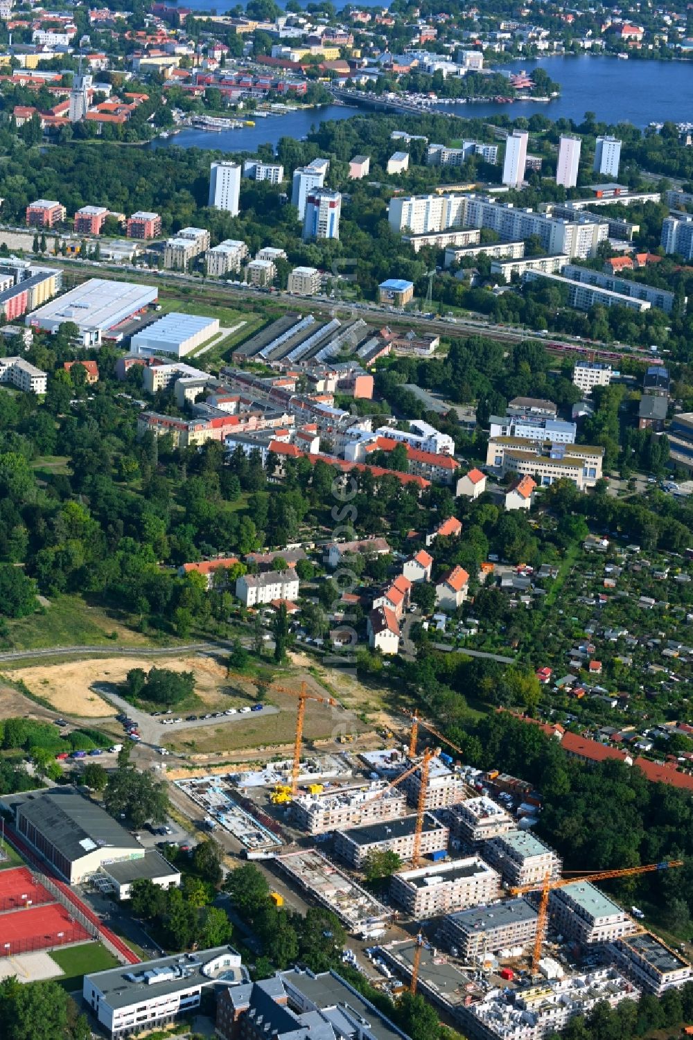 Aerial image Potsdam - Construction site to build a new multi-family residential complex Heinrich-Mann-Allee/Kolonie Daheim in the district Teltower Vorstadt in Potsdam in the state Brandenburg, Germany