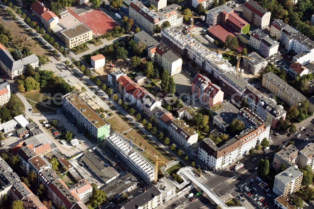 Berlin from above - Construction site to build a new multi-family residential complex Herrmanstrasse - Bendastrasse im Stadtteil Neukoelln in Berlin