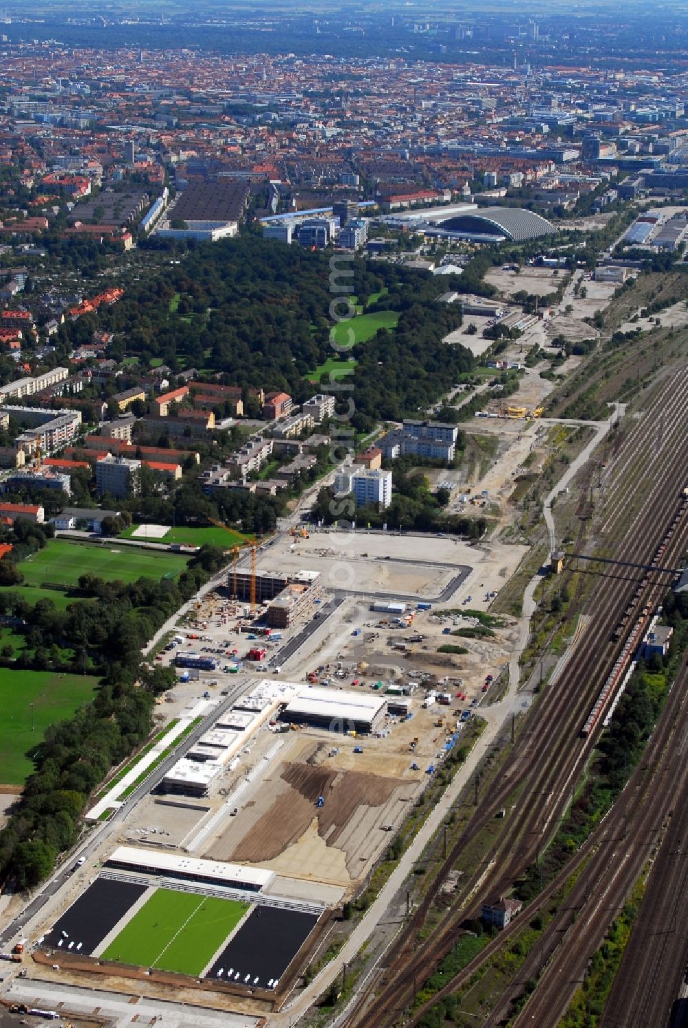 München from above - Construction site to build a new multi-family residential complex Am Hirschgarten in the district Neuhausen-Nymphenburg in Munich in the state Bavaria, Germany