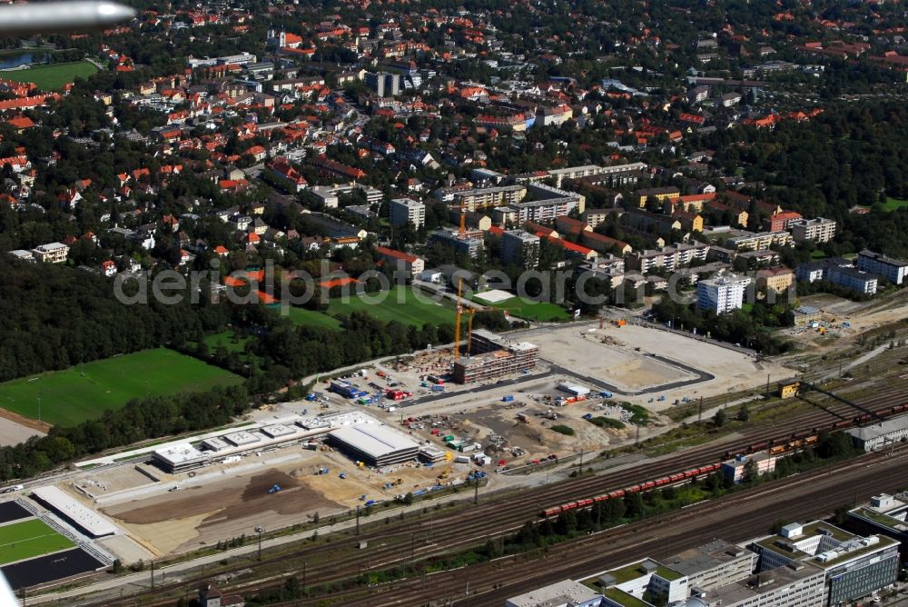 München from the bird's eye view: Construction site to build a new multi-family residential complex Am Hirschgarten in the district Neuhausen-Nymphenburg in Munich in the state Bavaria, Germany