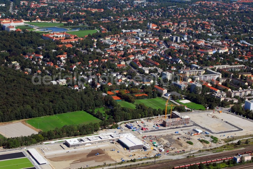 Aerial image München - Construction site to build a new multi-family residential complex Am Hirschgarten in the district Neuhausen-Nymphenburg in Munich in the state Bavaria, Germany