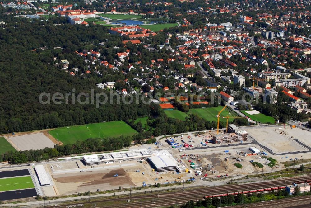 Aerial photograph München - Construction site to build a new multi-family residential complex Am Hirschgarten in the district Neuhausen-Nymphenburg in Munich in the state Bavaria, Germany