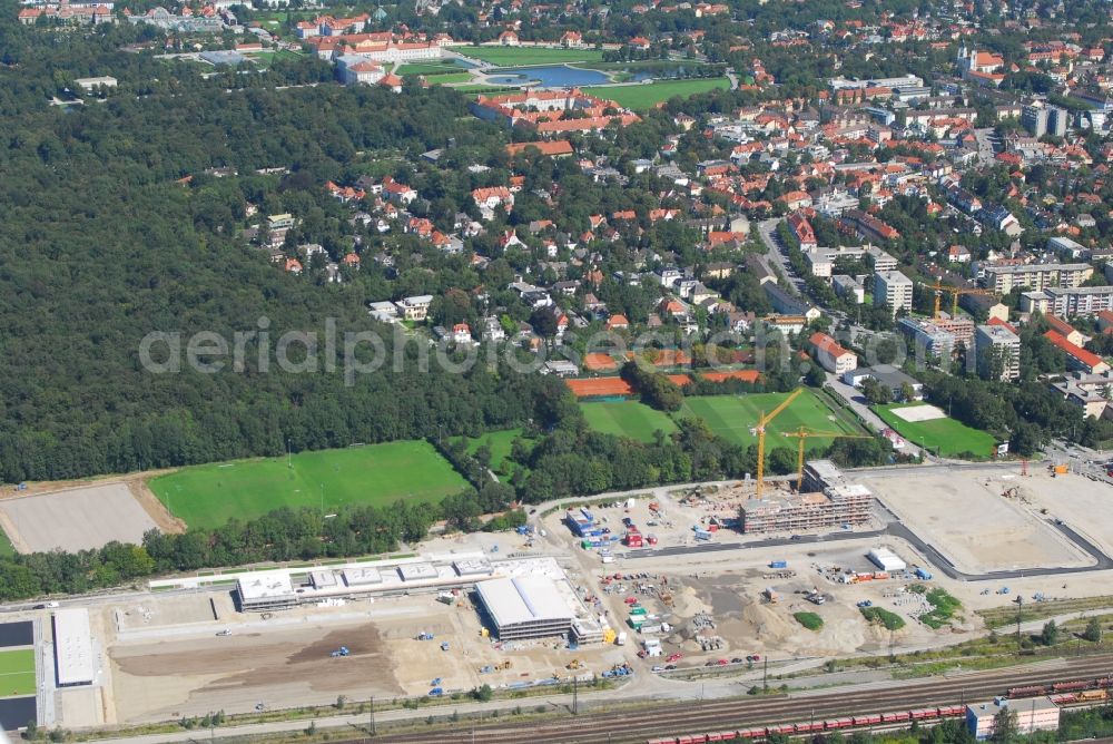 München from above - Construction site to build a new multi-family residential complex Am Hirschgarten in the district Neuhausen-Nymphenburg in Munich in the state Bavaria, Germany