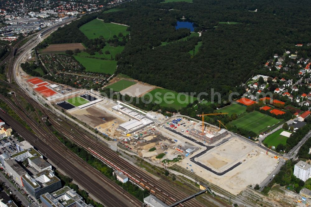 Aerial image München - Construction site to build a new multi-family residential complex Am Hirschgarten in the district Neuhausen-Nymphenburg in Munich in the state Bavaria, Germany