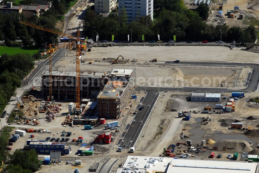 München from above - Construction site to build a new multi-family residential complex Am Hirschgarten in the district Neuhausen-Nymphenburg in Munich in the state Bavaria, Germany