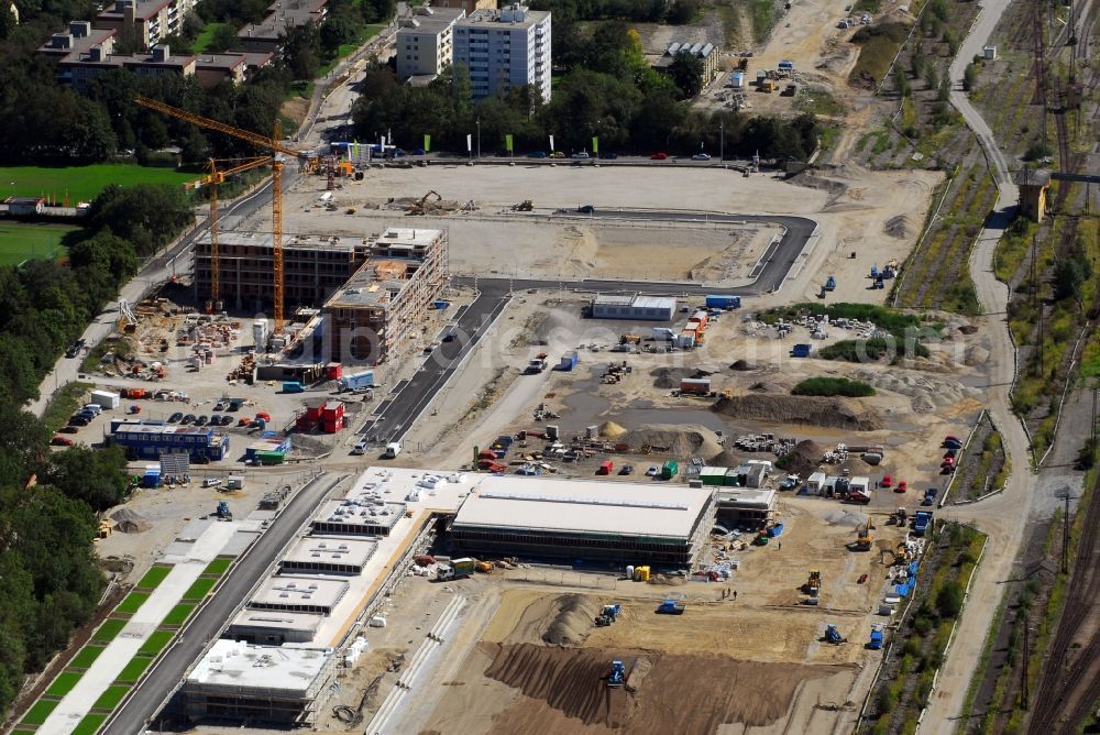 München from the bird's eye view: Construction site to build a new multi-family residential complex Am Hirschgarten in the district Neuhausen-Nymphenburg in Munich in the state Bavaria, Germany