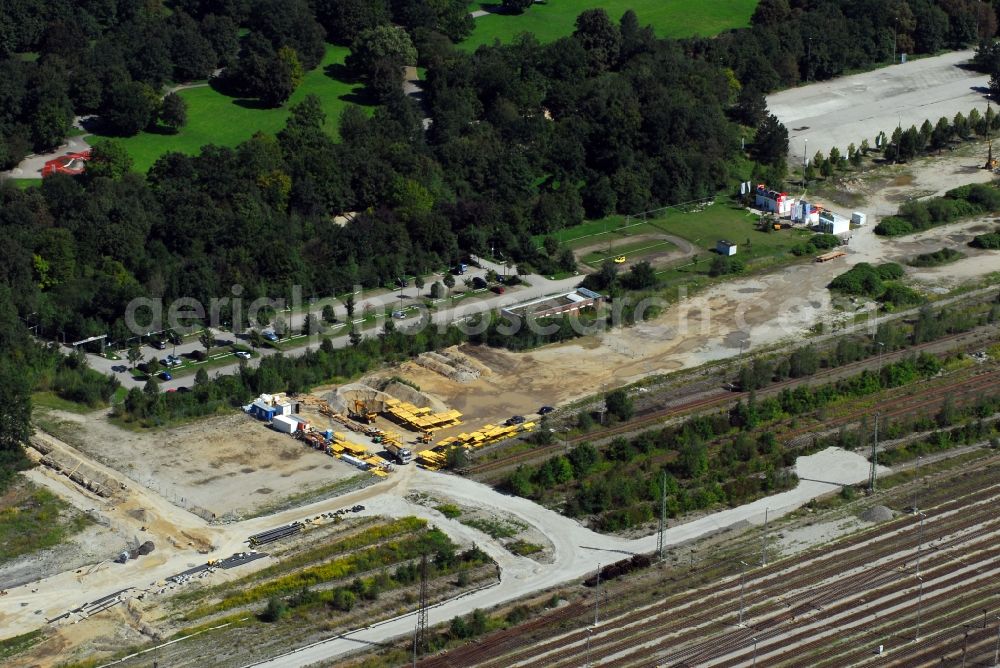 München from above - Construction site to build a new multi-family residential complex Am Hirschgarten in the district Neuhausen-Nymphenburg in Munich in the state Bavaria, Germany