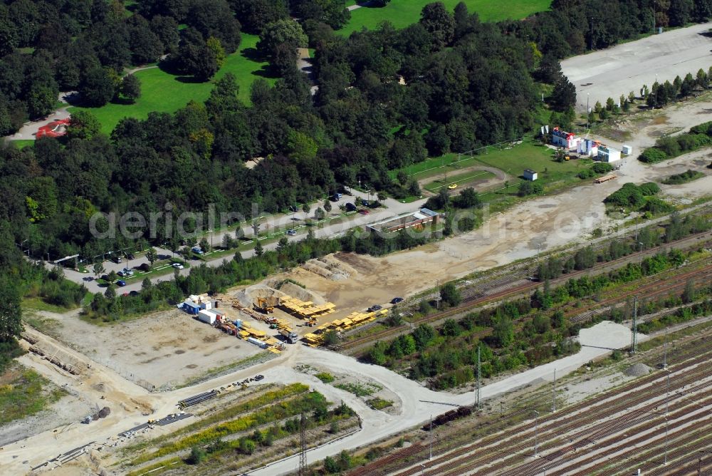 München from the bird's eye view: Construction site to build a new multi-family residential complex Am Hirschgarten in the district Neuhausen-Nymphenburg in Munich in the state Bavaria, Germany