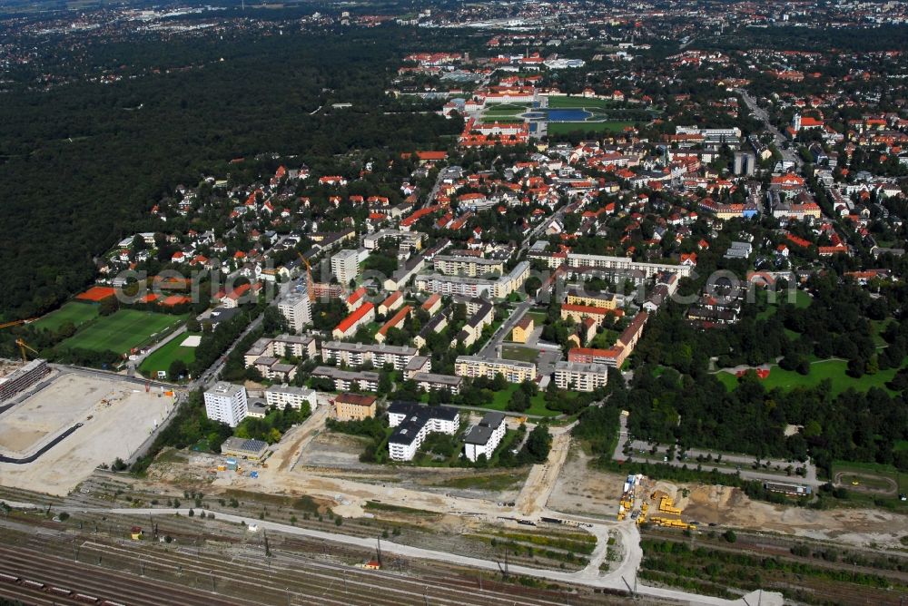 Aerial photograph München - Construction site to build a new multi-family residential complex Am Hirschgarten in the district Neuhausen-Nymphenburg in Munich in the state Bavaria, Germany