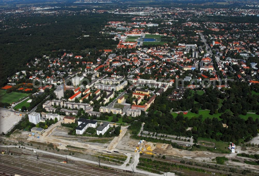 München from above - Construction site to build a new multi-family residential complex Am Hirschgarten in the district Neuhausen-Nymphenburg in Munich in the state Bavaria, Germany