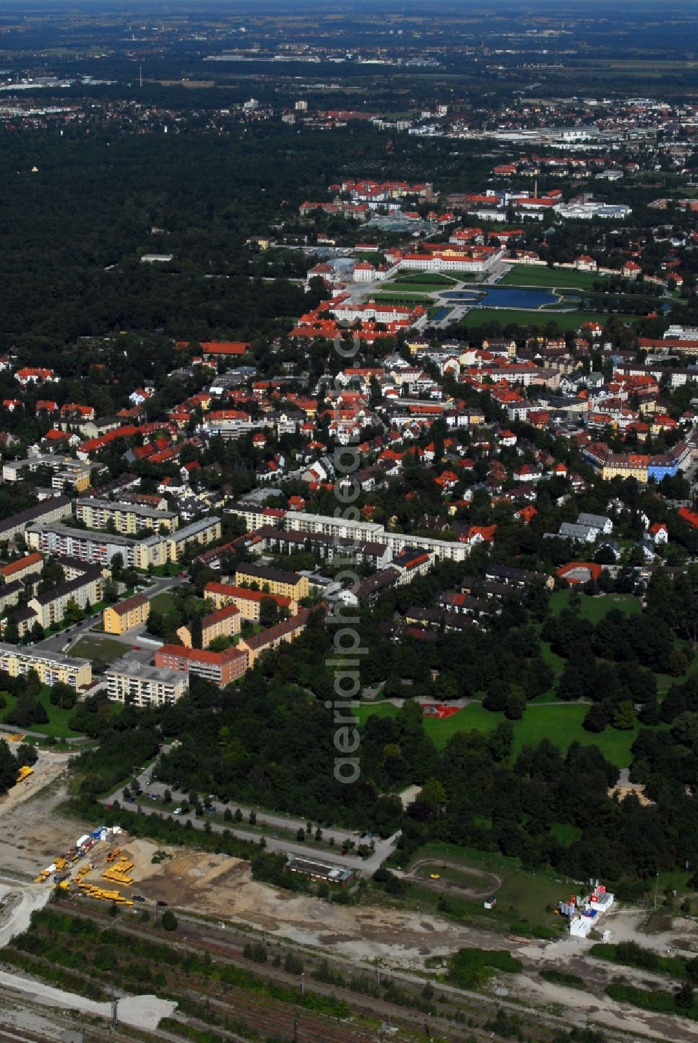 Aerial image München - Construction site to build a new multi-family residential complex Am Hirschgarten in the district Neuhausen-Nymphenburg in Munich in the state Bavaria, Germany