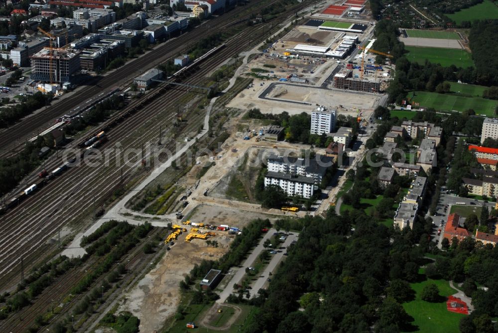 München from above - Construction site to build a new multi-family residential complex Am Hirschgarten in the district Neuhausen-Nymphenburg in Munich in the state Bavaria, Germany