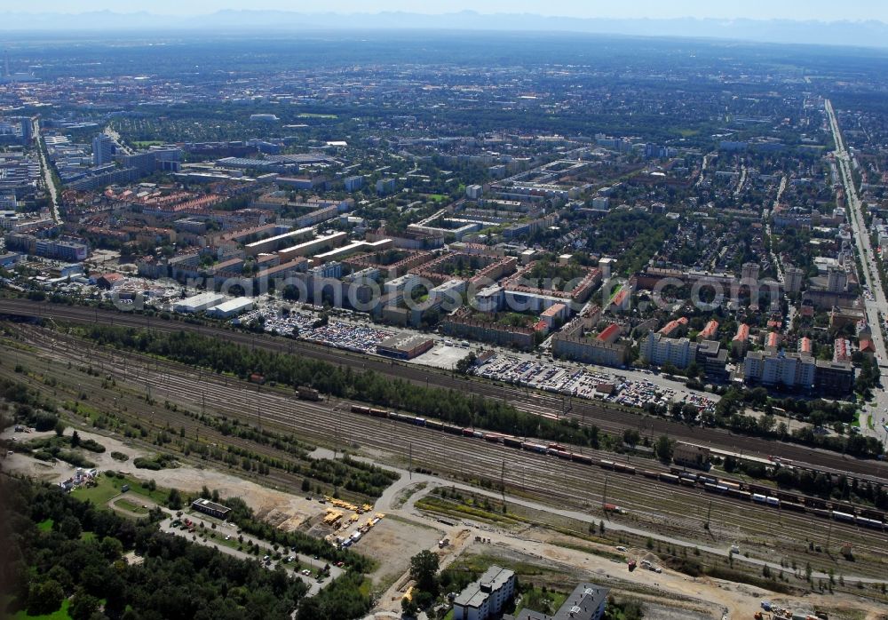 München from above - Construction site to build a new multi-family residential complex Am Hirschgarten in the district Neuhausen-Nymphenburg in Munich in the state Bavaria, Germany