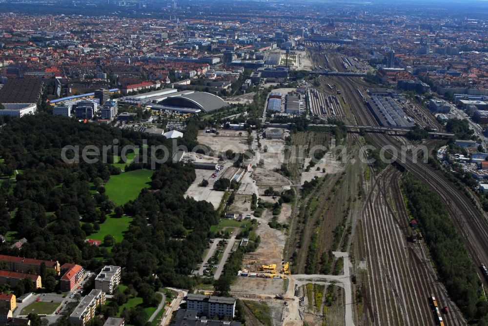 München from above - Construction site to build a new multi-family residential complex Am Hirschgarten in the district Neuhausen-Nymphenburg in Munich in the state Bavaria, Germany