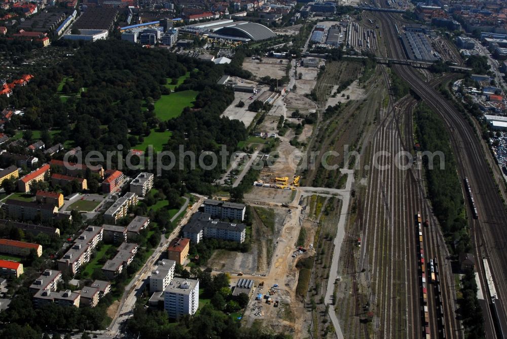 München from the bird's eye view: Construction site to build a new multi-family residential complex Am Hirschgarten in the district Neuhausen-Nymphenburg in Munich in the state Bavaria, Germany