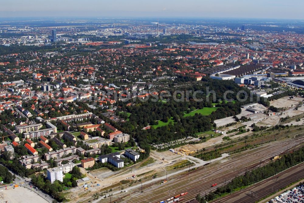 Aerial photograph München - Construction site to build a new multi-family residential complex Am Hirschgarten in the district Neuhausen-Nymphenburg in Munich in the state Bavaria, Germany