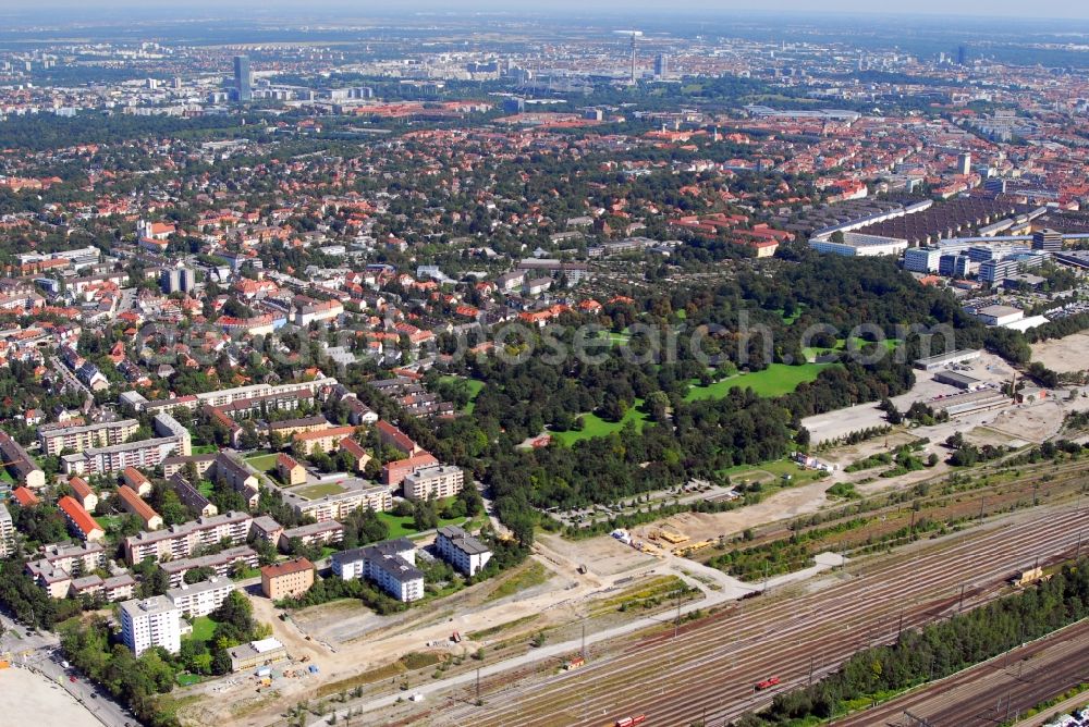 München from above - Construction site to build a new multi-family residential complex Am Hirschgarten in the district Neuhausen-Nymphenburg in Munich in the state Bavaria, Germany