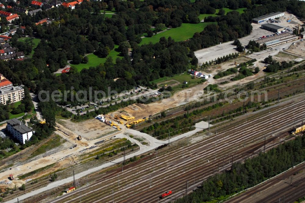 Aerial image München - Construction site to build a new multi-family residential complex Am Hirschgarten in the district Neuhausen-Nymphenburg in Munich in the state Bavaria, Germany