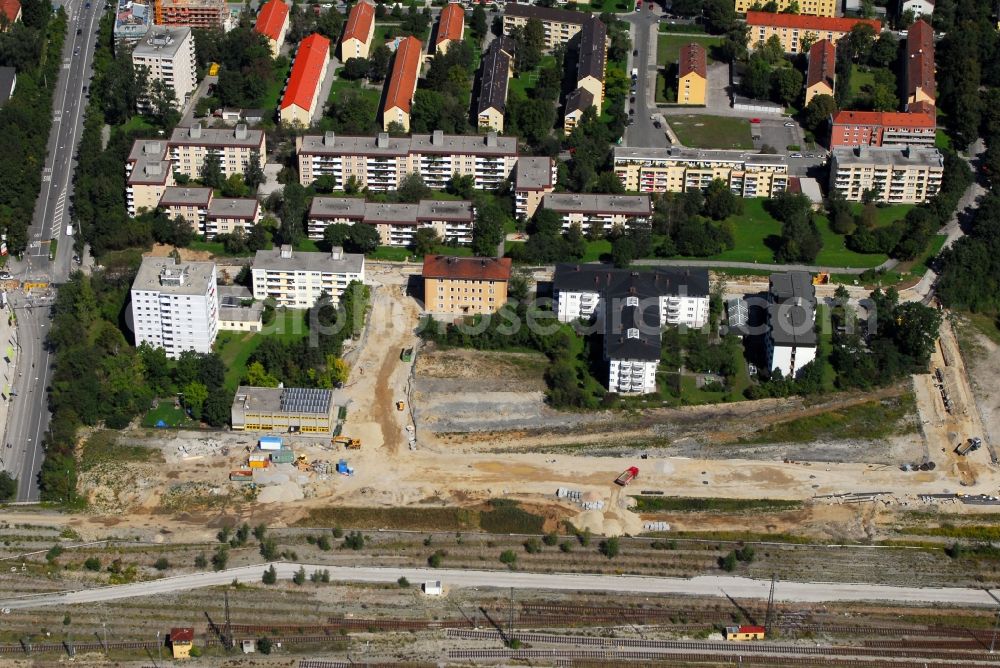 München from above - Construction site to build a new multi-family residential complex Am Hirschgarten in the district Neuhausen-Nymphenburg in Munich in the state Bavaria, Germany