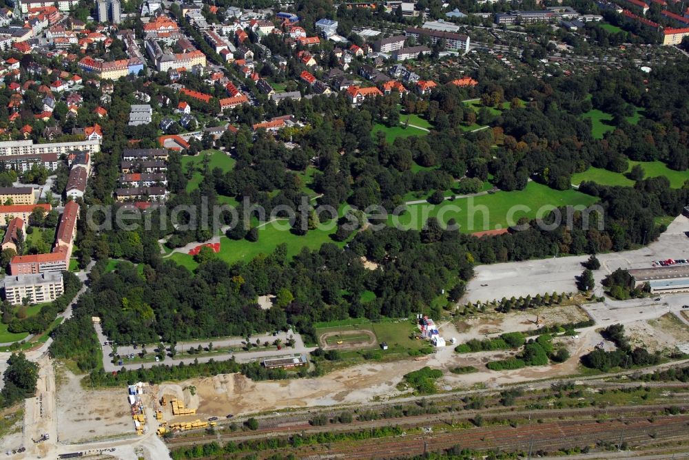 München from the bird's eye view: Construction site to build a new multi-family residential complex Am Hirschgarten in the district Neuhausen-Nymphenburg in Munich in the state Bavaria, Germany