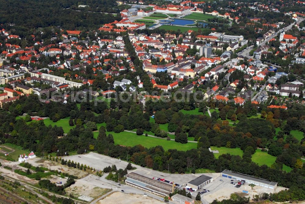 München from above - Construction site to build a new multi-family residential complex Am Hirschgarten in the district Neuhausen-Nymphenburg in Munich in the state Bavaria, Germany