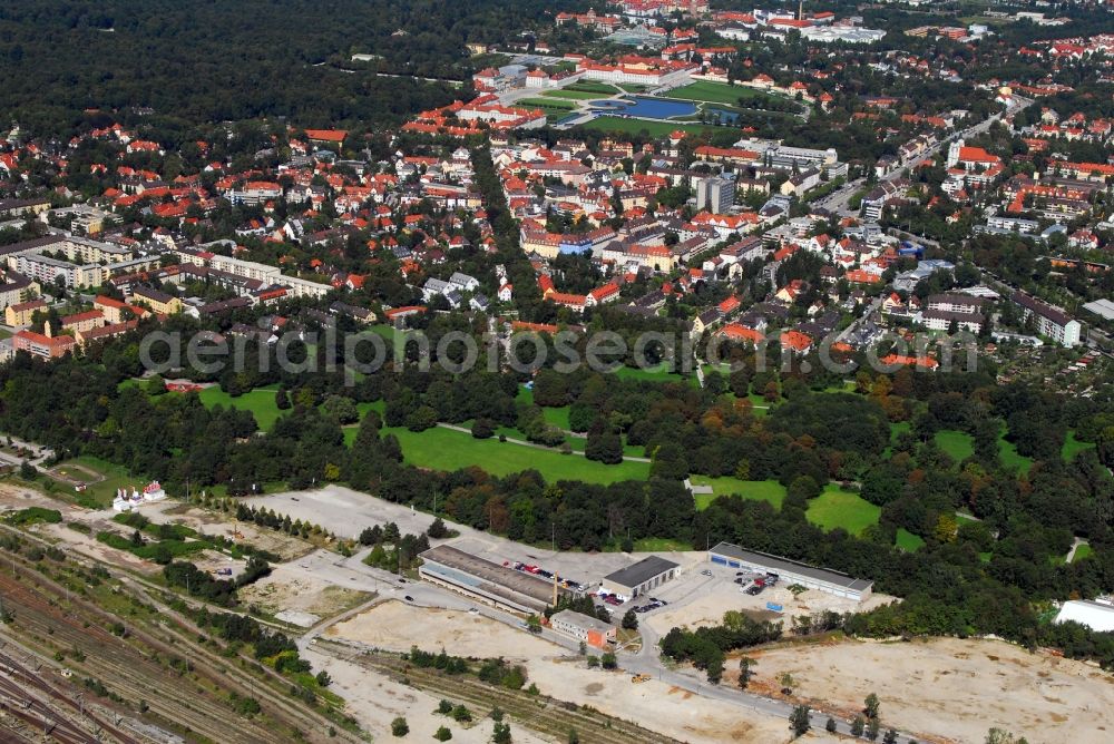 München from the bird's eye view: Construction site to build a new multi-family residential complex Am Hirschgarten in the district Neuhausen-Nymphenburg in Munich in the state Bavaria, Germany