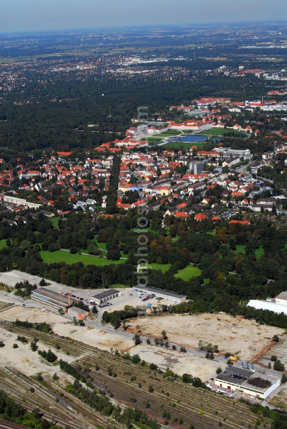 München from above - Construction site to build a new multi-family residential complex Am Hirschgarten in the district Neuhausen-Nymphenburg in Munich in the state Bavaria, Germany