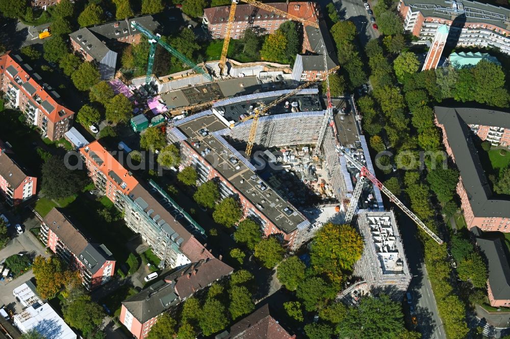 Hamburg from above - Construction site to build a new multi-family residential complex on Horner Weg - Bei den Zelten in the district Horn in Hamburg, Germany