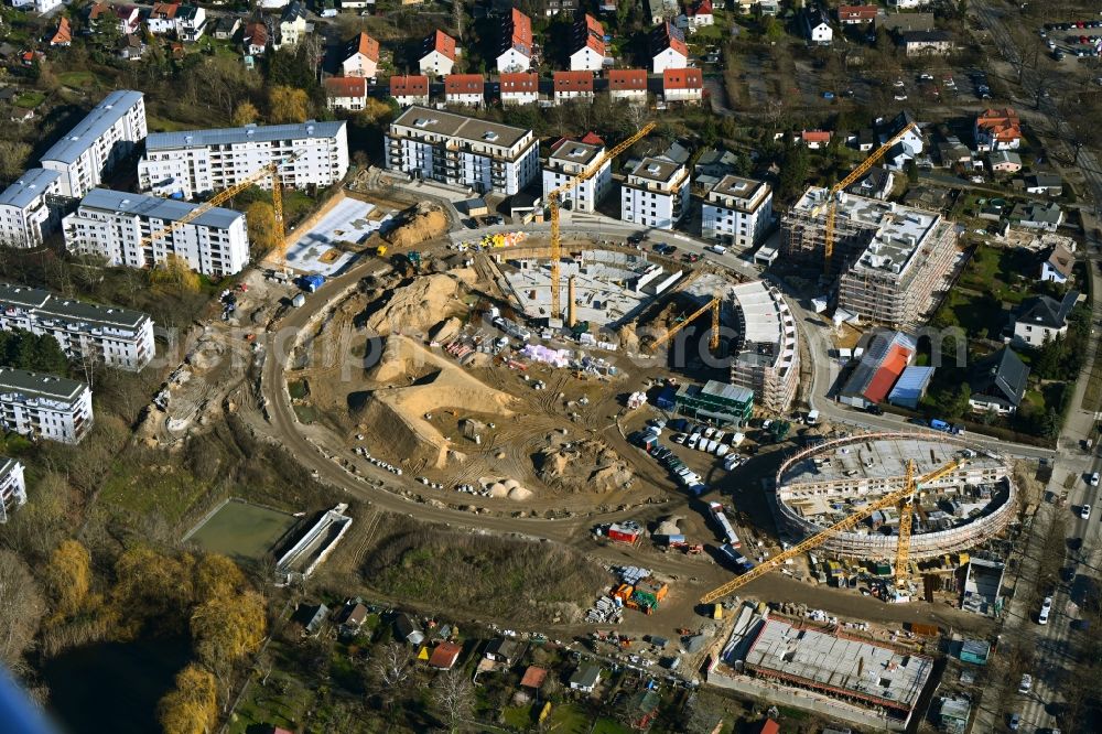 Aerial image Berlin - Construction site to build a new multi-family residential complex HUGOS of Bonava Deutschland GmbH on Britzer Strasse in the district Mariendorf in Berlin, Germany