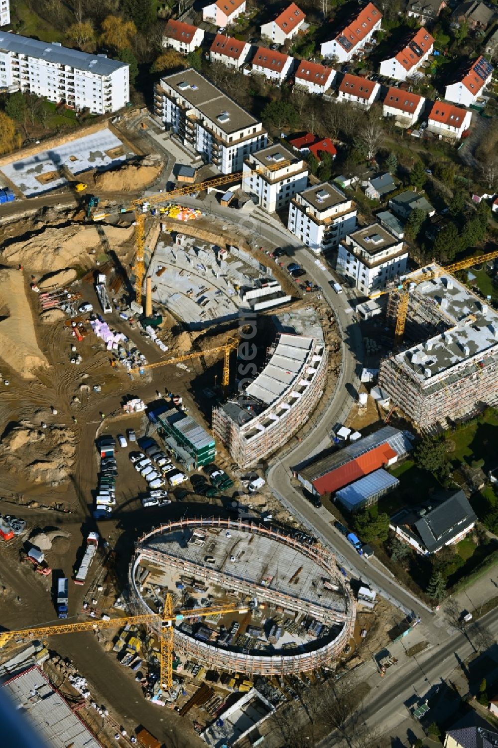 Aerial image Berlin - Construction site to build a new multi-family residential complex HUGOS of Bonava Deutschland GmbH on Britzer Strasse in the district Mariendorf in Berlin, Germany