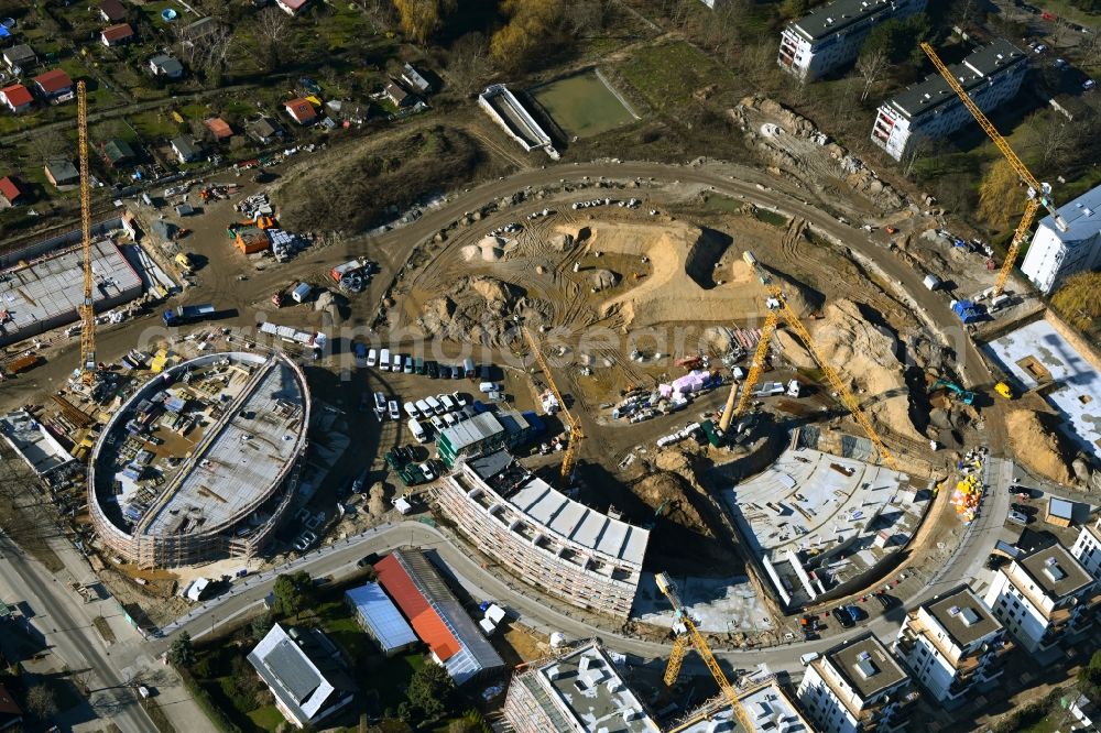 Aerial photograph Berlin - Construction site to build a new multi-family residential complex HUGOS of Bonava Deutschland GmbH on Britzer Strasse in the district Mariendorf in Berlin, Germany