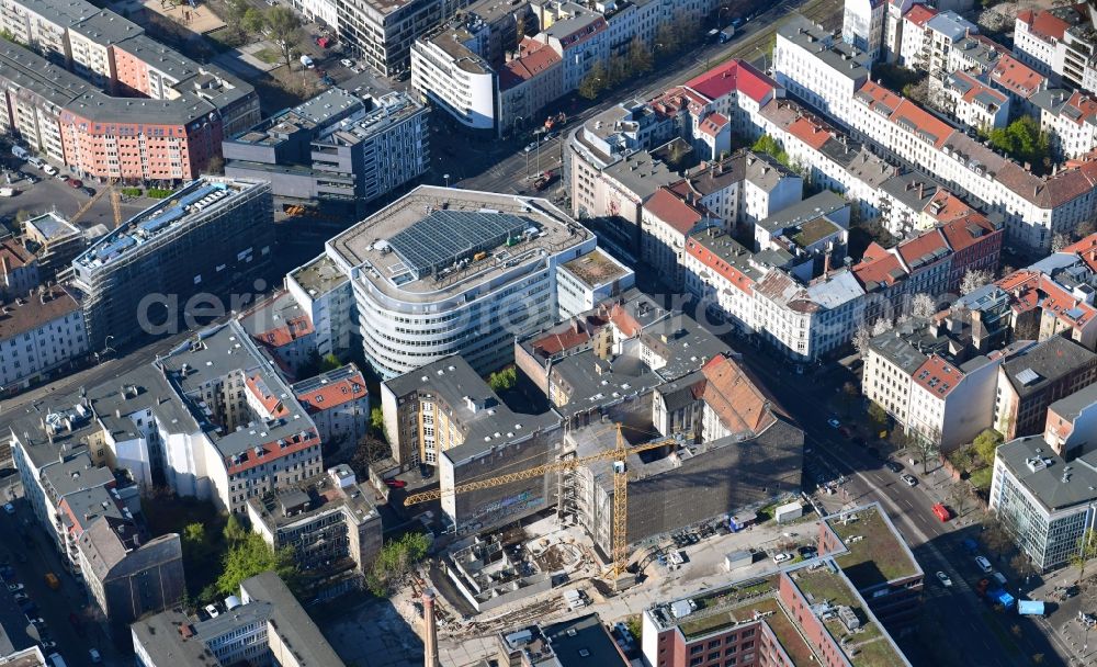 Berlin from above - Construction site to build a new multi-family residential complex of ID&A Immobilien GmbH on Schoenhauser Allee in the district Prenzlauer Berg in Berlin, Germany