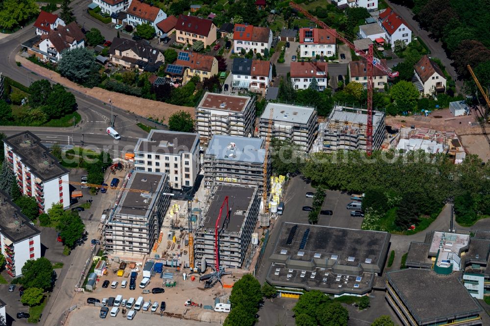 Emmendingen from above - Construction site to build a new multi-family residential complex on Jahnstrasse - Weinstockstrasse in Emmendingen in the state Baden-Wuerttemberg, Germany